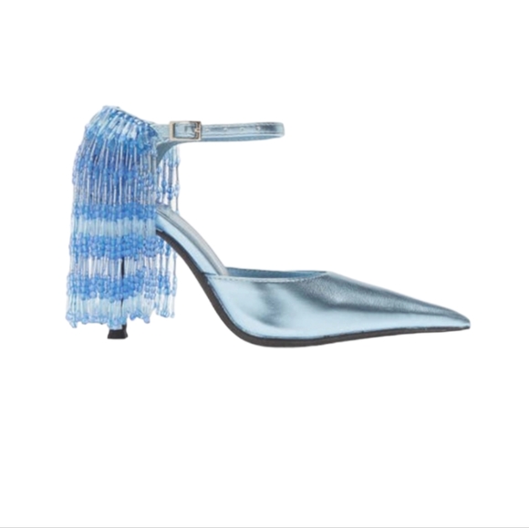 JEFFREY CAMPBELL Show Stop Light Blue Metallic Beaded Fringe Leather Pumps - Picture 4 of 16